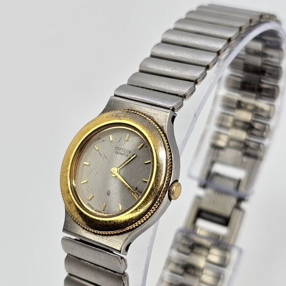 Citizen Women's Watch 22MM Gray Dial Gold Bezel Gray Bands 7.25" New Battery - Picture 3 of 14